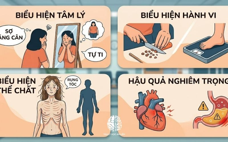 Biểu đồ y khoa chi tiết về 4 nhóm triệu chứng của rối loạn ăn uống gồm: biểu hiện tâm lý lo âu, hành vi ăn uống bất thường, dấu hiệu thể chất suy kiệt và hậu quả sức khỏe nghiêm trọng.