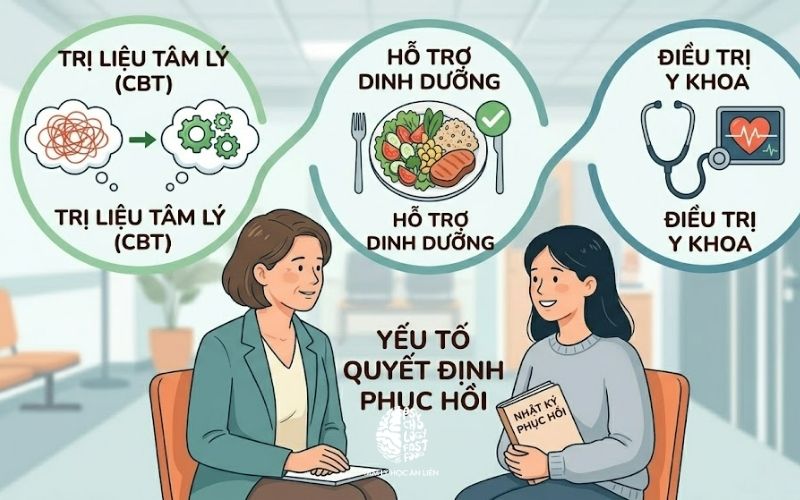 Hình ảnh chuyên gia tâm lý đang tư vấn cho bệnh nhân trẻ tuổi, cùng biểu đồ minh họa mô hình điều trị rối loạn ăn uống toàn diện gồm trị liệu tâm lý CBT, hỗ trợ dinh dưỡng và điều trị y khoa.