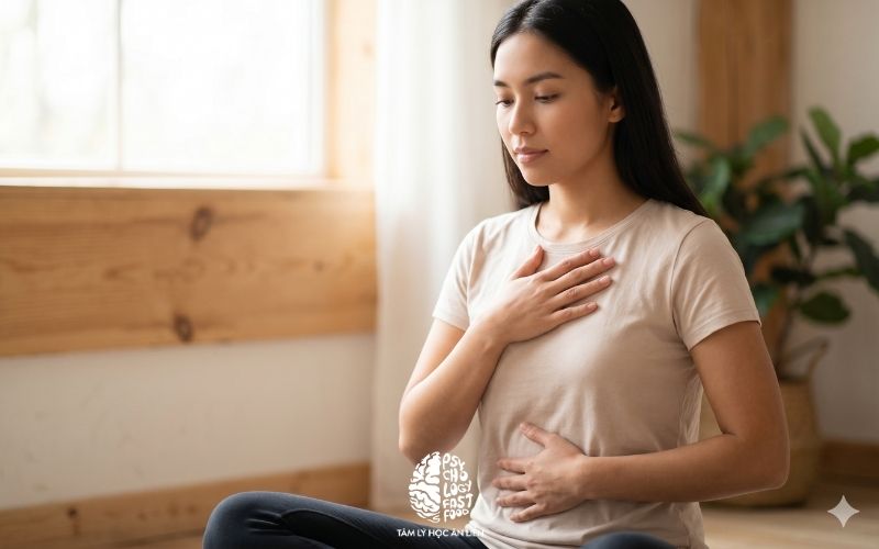 Ảnh chụp một người đang thực hành bài tập thở tĩnh tâm trong không gian yên bình để giảm lo âu | nguoi thuc hanh bai tap tho tinh tam giam lo au