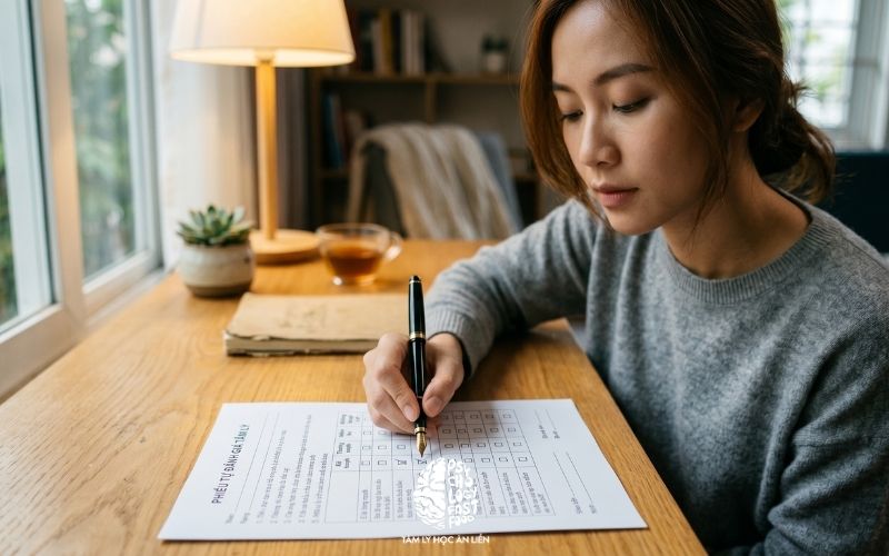 Hình ảnh minh họa một người đang tập trung ghi chép bảng tự đánh giá tâm lý tại không gian yên tĩnh | Người thực hiện bài test tự kiểm tra rối loạn lo âu tại nhà