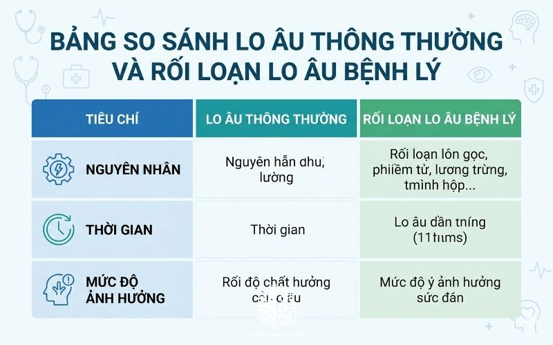 Bảng so sánh trực quan giữa lo âu thông thường và rối loạn lo âu bệnh lý dựa trên tiêu chí nguyên nhân, thời gian và mức độ ảnh hưởng | bang so sanh lo au thong thuong va roi loan lo au benh ly