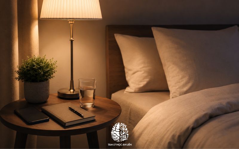 Một góc phòng ngủ yên tĩnh, ánh sáng ấm, điện thoại đặt xa giường, quyển sổ và ly nước trên bàn] | [Cách giảm lo lắng quá mức trước khi ngủ