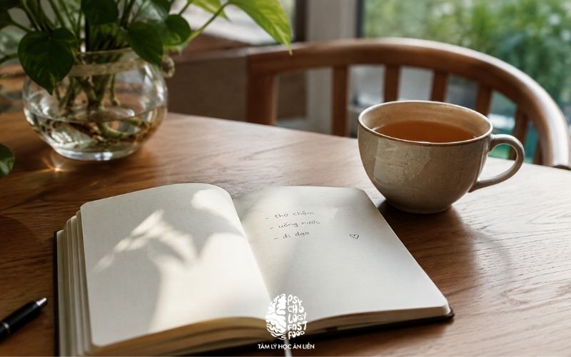 Một cuốn sổ mở trên bàn với vài dòng ghi chú ngắn, cạnh đó là tách trà và ánh sáng ban ngày; hình ảnh gợi cảm giác tự quan sát và bình tĩnh, không mang tính self-help sáo rỗng] | [cách giảm overthinking và lo âu kéo dài]