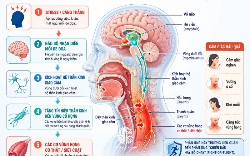 Đồ họa mô tả cơ chế hệ thần kinh kích hoạt co thắt các cơ vùng họng khi gặp stress | Sơ đồ cơ chế sinh học thần kinh gây nghẹn cổ họng khi lo âu