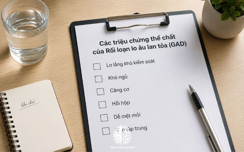 Minh họa một checklist triệu chứng trên bàn làm việc, cạnh đó là cốc nước và quyển sổ ghi chú; phong cách ảnh thật, tối giản, không tạo cảm giác bệnh lý nặng nề] | [Dấu hiệu rối loạn lo âu lan tỏa gồm lo lắng khó kiểm soát và triệu chứng cơ thể]
