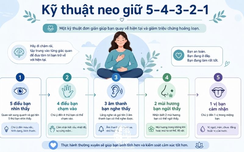 Sơ đồ minh họa các bước thực hiện kỹ thuật neo giữ 5-4-3-2-1 giúp giảm triệu chứng hoảng loạn trực quan