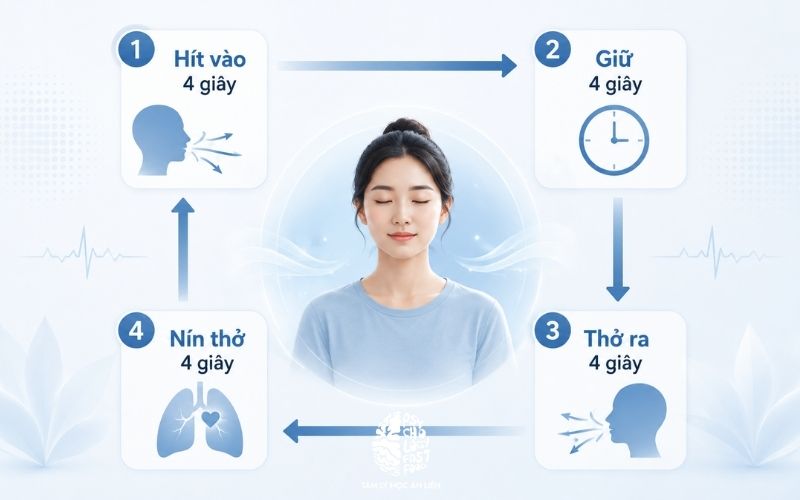 Đồ họa hướng dẫn quy trình 4 bước của kỹ thuật thở hộp giúp giảm căng thẳng và điều hòa nhịp thở