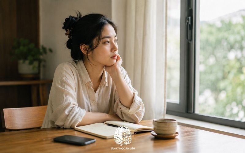 Một người ngồi bên cửa sổ vào buổi tối, ánh sáng dịu, tay cầm ly nước, gương mặt suy tư nhưng không bi kịch hóa] | [Lo lắng quá mức có phải bệnh không
