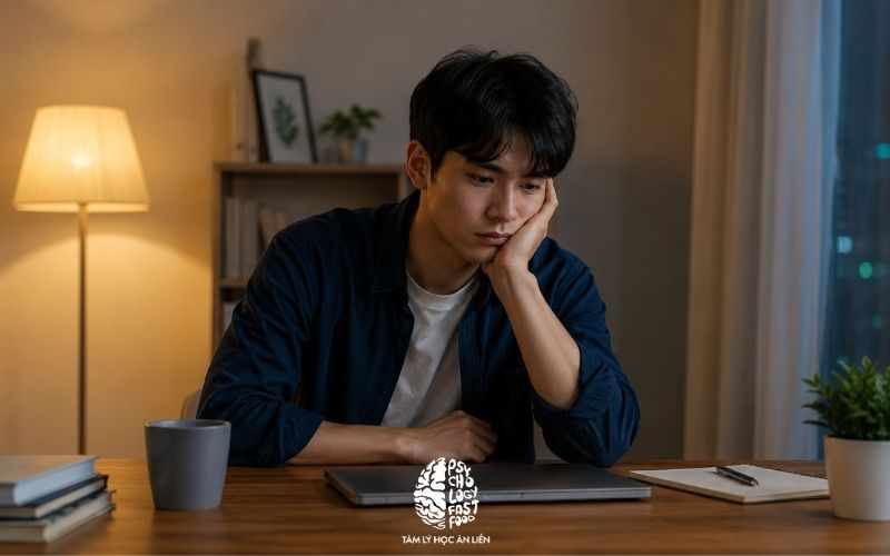 Một người trẻ ngồi bên bàn làm việc vào buổi tối, trước mặt là laptop đã tắt, ánh sáng dịu, nét mặt mệt nhưng không kịch tính hóa; bối cảnh tối giản, chân thực] | [overthinking có phải rối loạn lo âu không