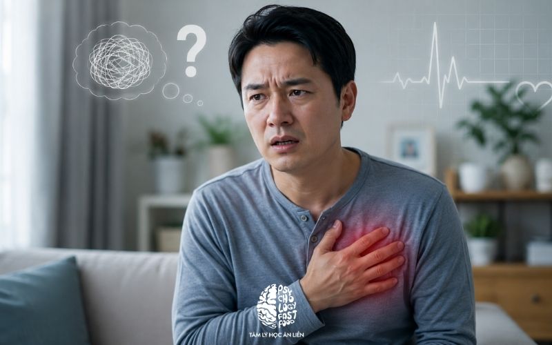 Ảnh minh họa một người đang ôm ngực lo lắng, thể hiện sự hoang mang giữa cơn đau ngực do lo âu và bệnh tim 
