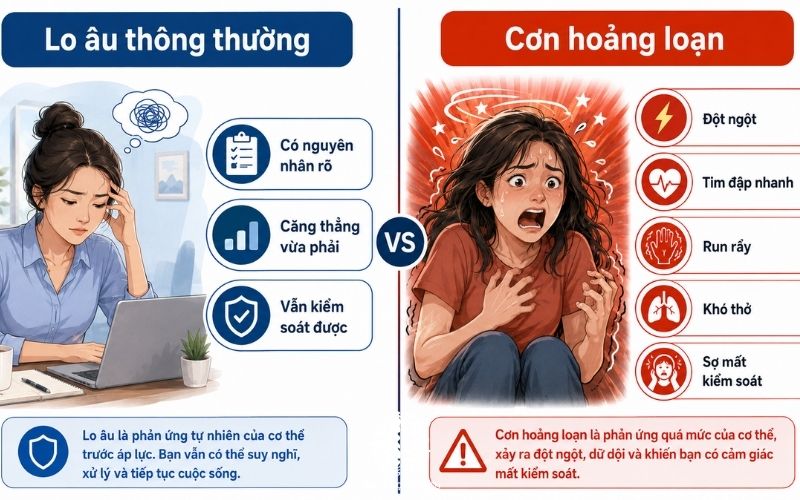 Hình ảnh đồ họa so sánh sự khác biệt về cường độ và triệu chứng giữa lo âu thông thường và cơn hoảng loạn cấp tính. 