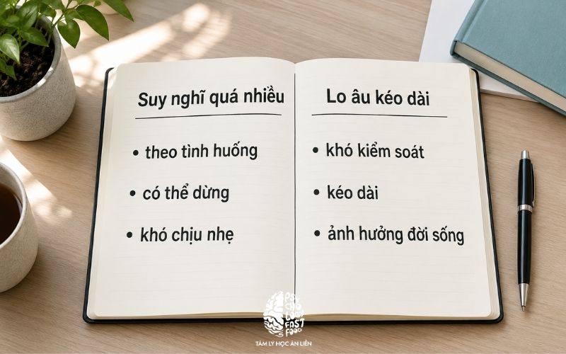 Ảnh minh họa dạng flat-lay gồm sổ tay, bút và hai cột ghi chú “suy nghĩ quá nhiều” và “lo âu kéo dài”, ánh sáng tự nhiên, cảm giác chuyên nghiệp và dịu] | [phân biệt overthinking và rối loạn lo âu