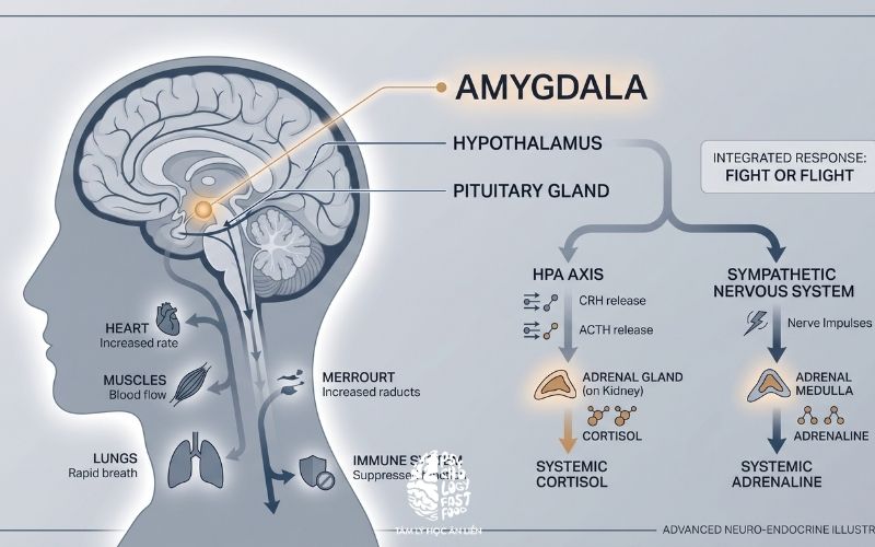 Sơ đồ minh họa hạch hạnh nhân (Amygdala) kích hoạt phản ứng căng thẳng giải phóng cortisol | Sơ đồ cơ chế hạch hạnh nhân kích hoạt stress hệ thần kinh