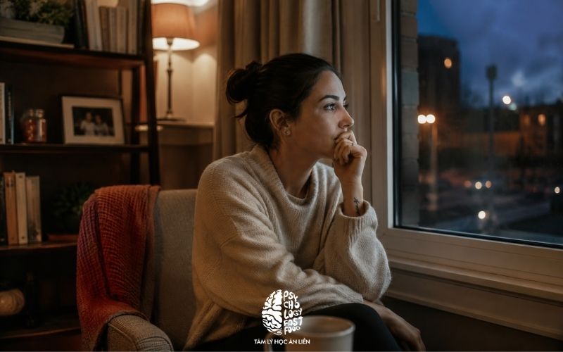 Một người ngồi bên cửa sổ vào buổi tối, ánh sáng dịu, nét mặt suy tư nhưng không bi kịch hóa; bối cảnh đời thường, sạch sẽ, tạo cảm giác gần gũi với chủ đề sức khỏe tâm thần] | [