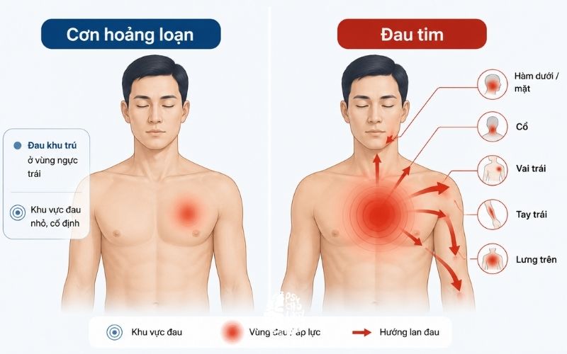 Sơ đồ so sánh hướng lan của cơn đau ngực do nhồi máu cơ tim và vùng khu trú của đau ngực do lo âu