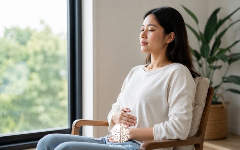 Một người đang ngồi trên ghế cạnh cửa sổ, tay đặt nhẹ lên bụng, vai thả lỏng, ánh sáng tự nhiên dịu, không khí yên tĩnh] | [Cách thở 4-7-8 giúp bình tĩnh khi hoảng loạn