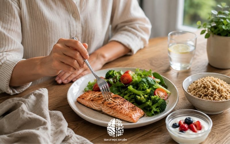Bữa ăn cân bằng với cá hồi, rau xanh, gạo lứt và sữa chua ít đường trên bàn ăn sáng tự nhiên | rối loạn lo âu nên ăn gì với cá béo rau xanh và sữa chua