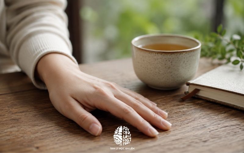Cận cảnh bàn tay chạm nhẹ vào bề mặt gỗ, bên cạnh là tách trà ấm và cuốn sổ, tạo cảm giác grounding bằng giác quan] | [Kết hợp thở 4-7-8 với grounding để giảm lo âu