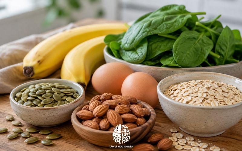 Cận cảnh các thực phẩm giàu magie và vitamin B gồm hạt bí, hạnh nhân, yến mạch, trứng, chuối và rau lá xanh | thực phẩm giàu magie vitamin B hỗ trợ hệ thần kinh