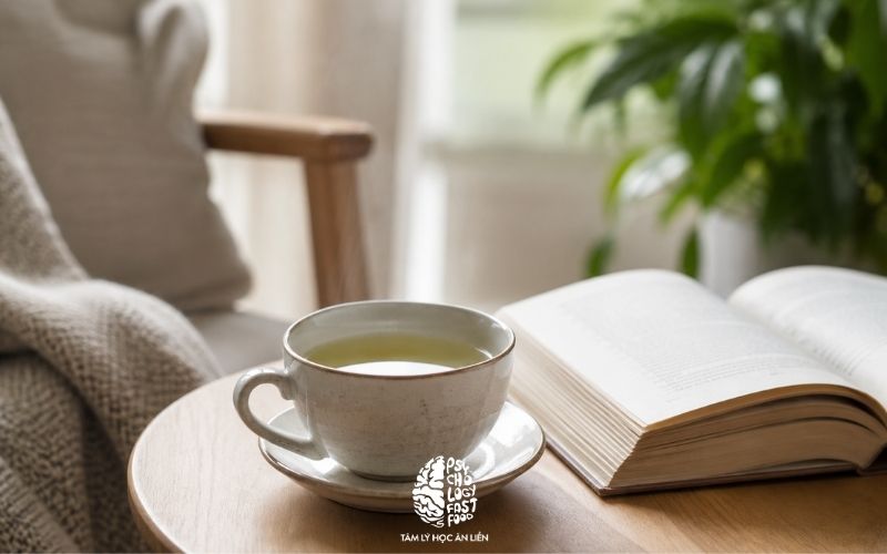 Ly trà xanh nhạt đặt cạnh sách, ánh sáng dịu, không khí thư giãn nhưng thực tế, không dàn dựng quá mức | trà xanh L-theanine hỗ trợ thư giãn khi lo âu